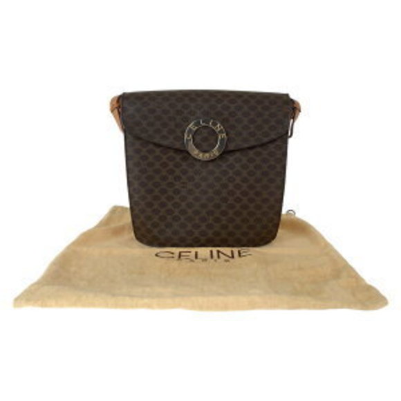 CELINE Macadam Circle Logo Brown Leather Crossbody Pochette - Picture 1 of 9